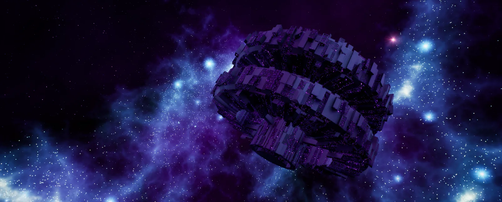 SpaceGame: a vast ringed space station lit against a violet and blue nebula, captured in Unreal Engine