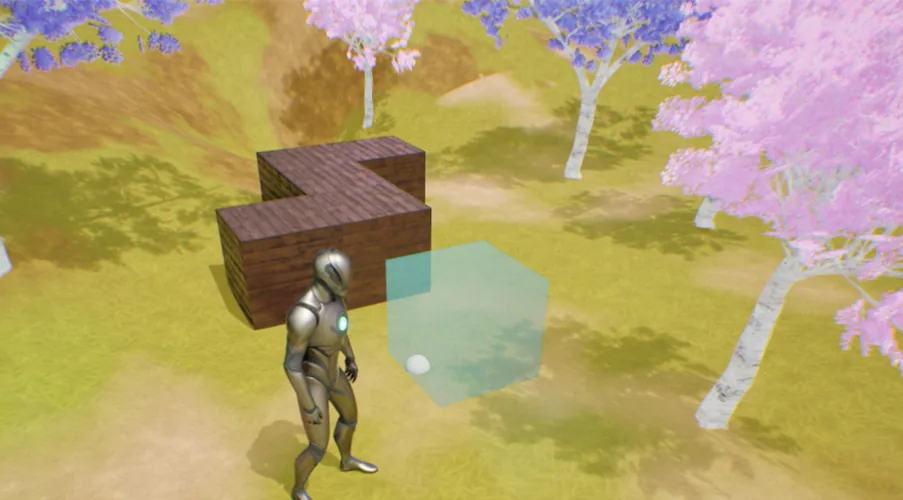 BuildingSystem in Unreal Engine: a character beside a placed wooden structure with a translucent placement ghost