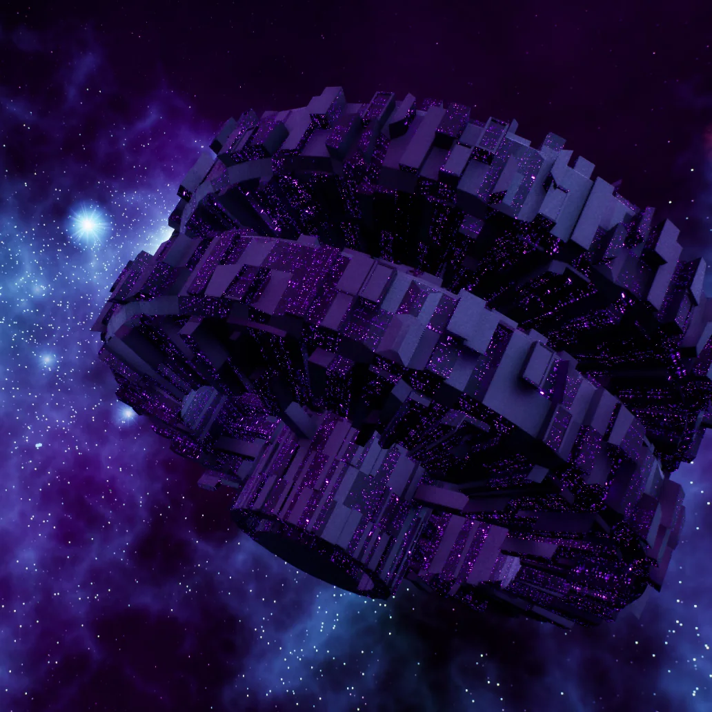 SpaceGame: a vast ringed space station lit against a violet and blue nebula, captured in Unreal Engine