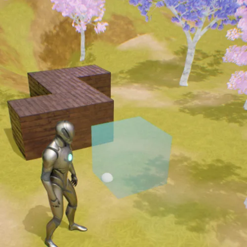 BuildingSystem in Unreal Engine: a character beside a placed wooden structure with a translucent placement ghost