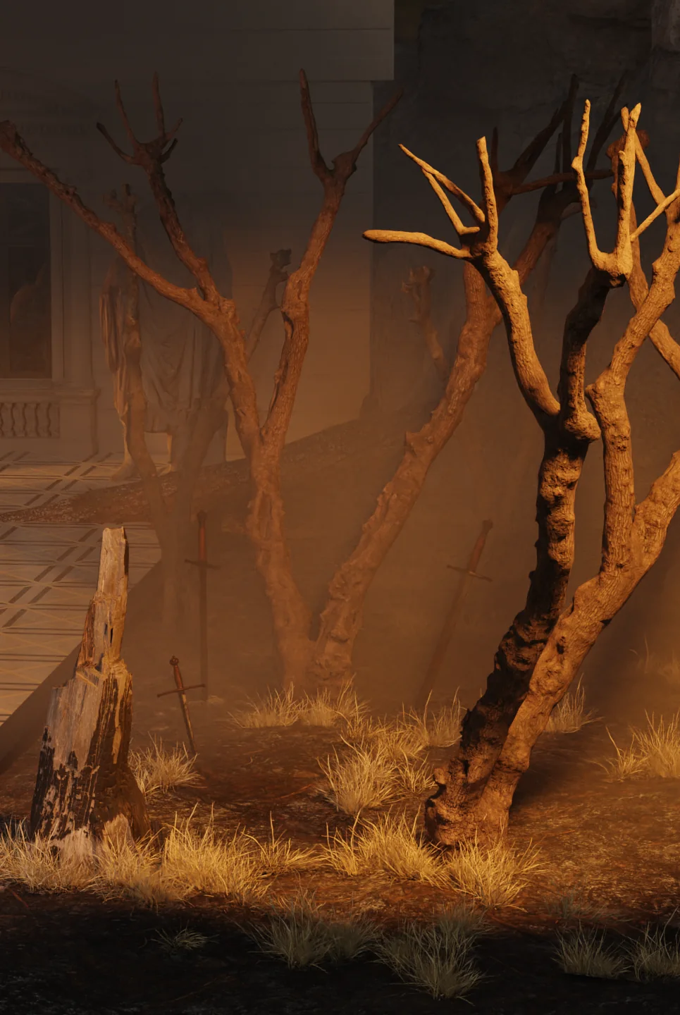 Rendered scene in Blender: bare trees lit by warm rim light beside misty stone ruins and a wooden walkway